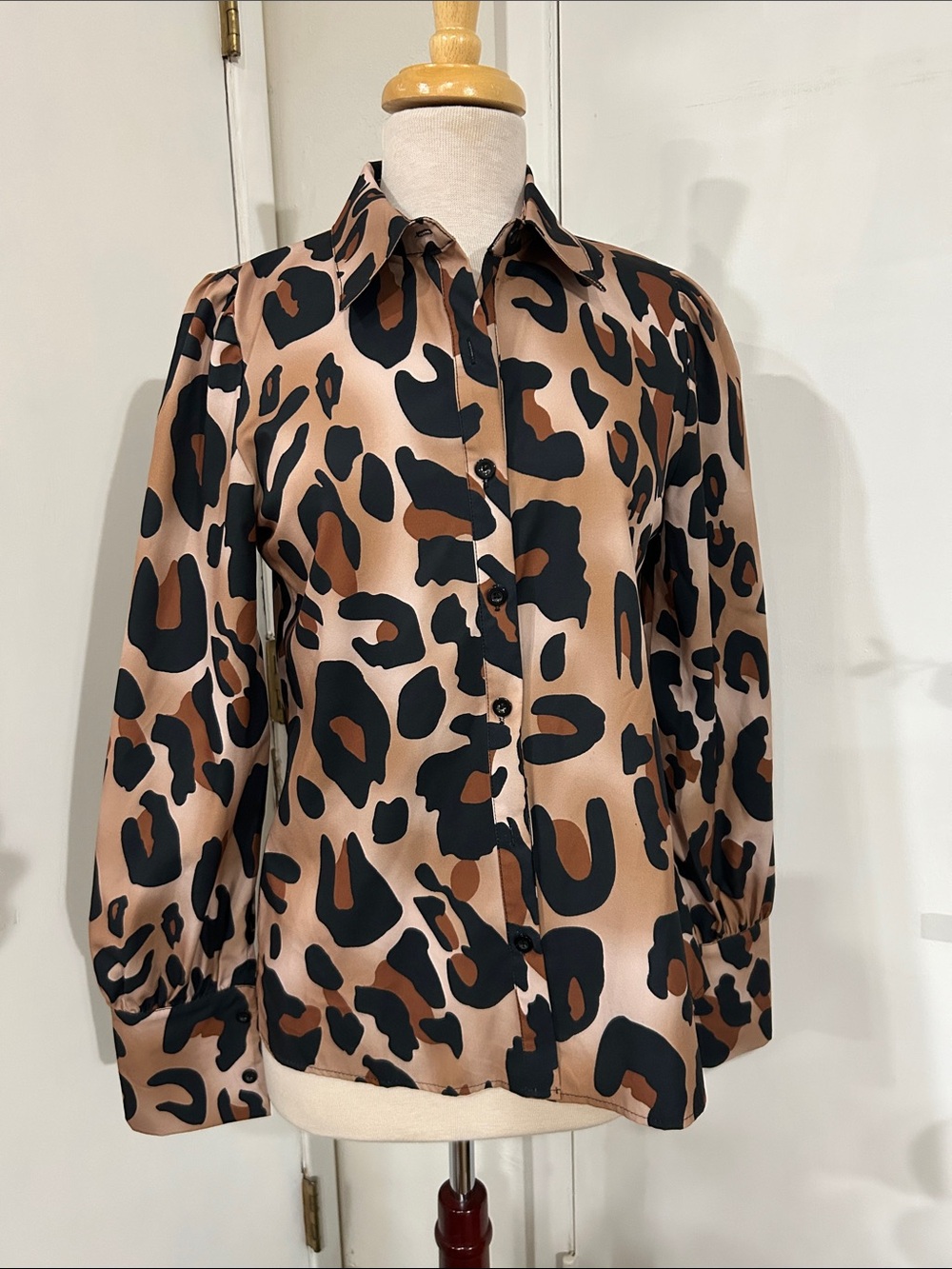 Source Unknown Satin Leopard Button-Down Blouse - Black & Brown
